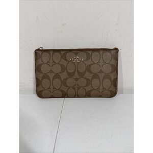 Coach Top Zip Wristlet, Khaki‎ Brown Caramel NO PULL Logo Print Leather